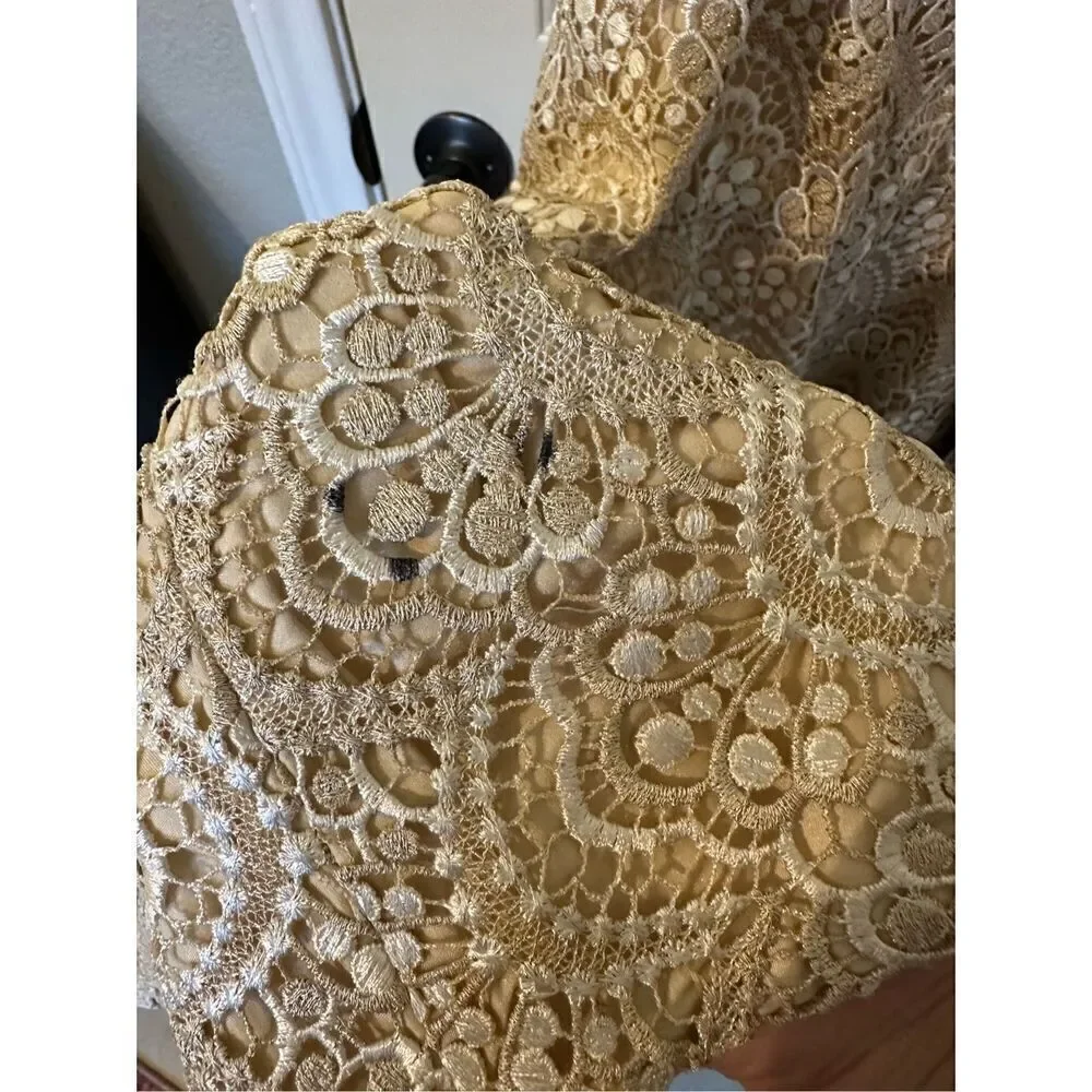 NWT Y2K Badgley Mishcka Strapless Lace Ivory Gold Midi Dress Women Size 6 SC1280